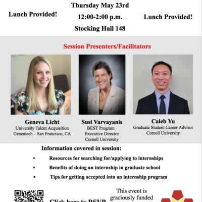 Flyer for Internships for Graduate Students Informational Session on Thursday, May 23, 2019.