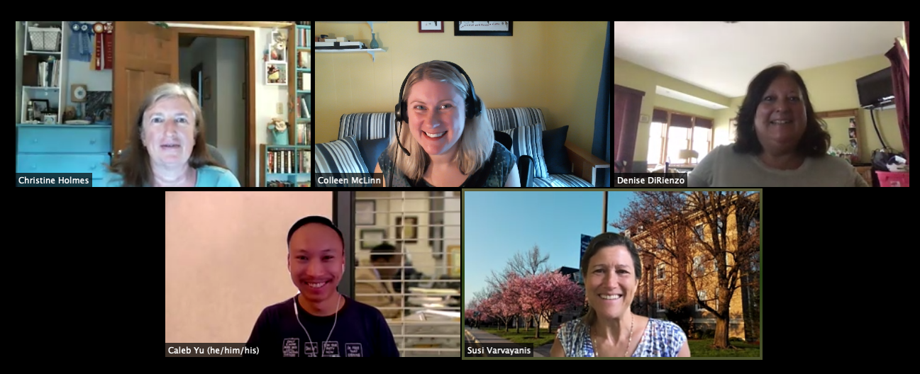 Five staff facilitators smile from Zoom windows