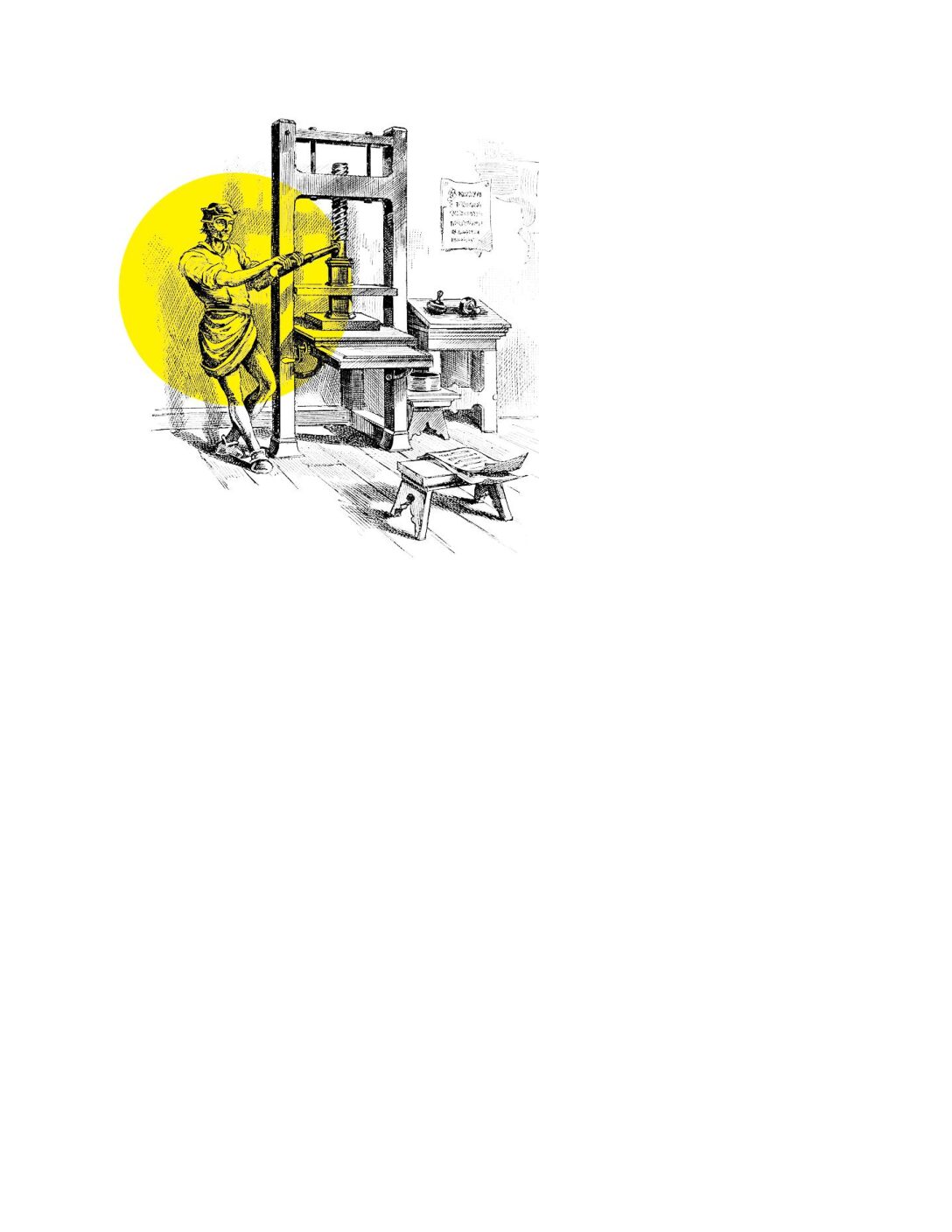 Drawing of a man operating a manual printing press