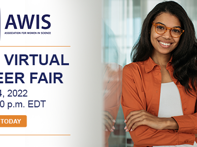 Dark-haired woman wearing glasses and an orange shirt standing with arms crossed next to AWIS logo and Virtual Career Fair text