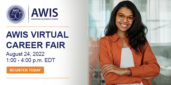 Dark-haired woman wearing glasses and an orange shirt standing with arms crossed next to AWIS logo and Virtual Career Fair text