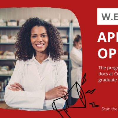 Female in white lab coat pictured next to text "W.E. Cornell Applications Open"
