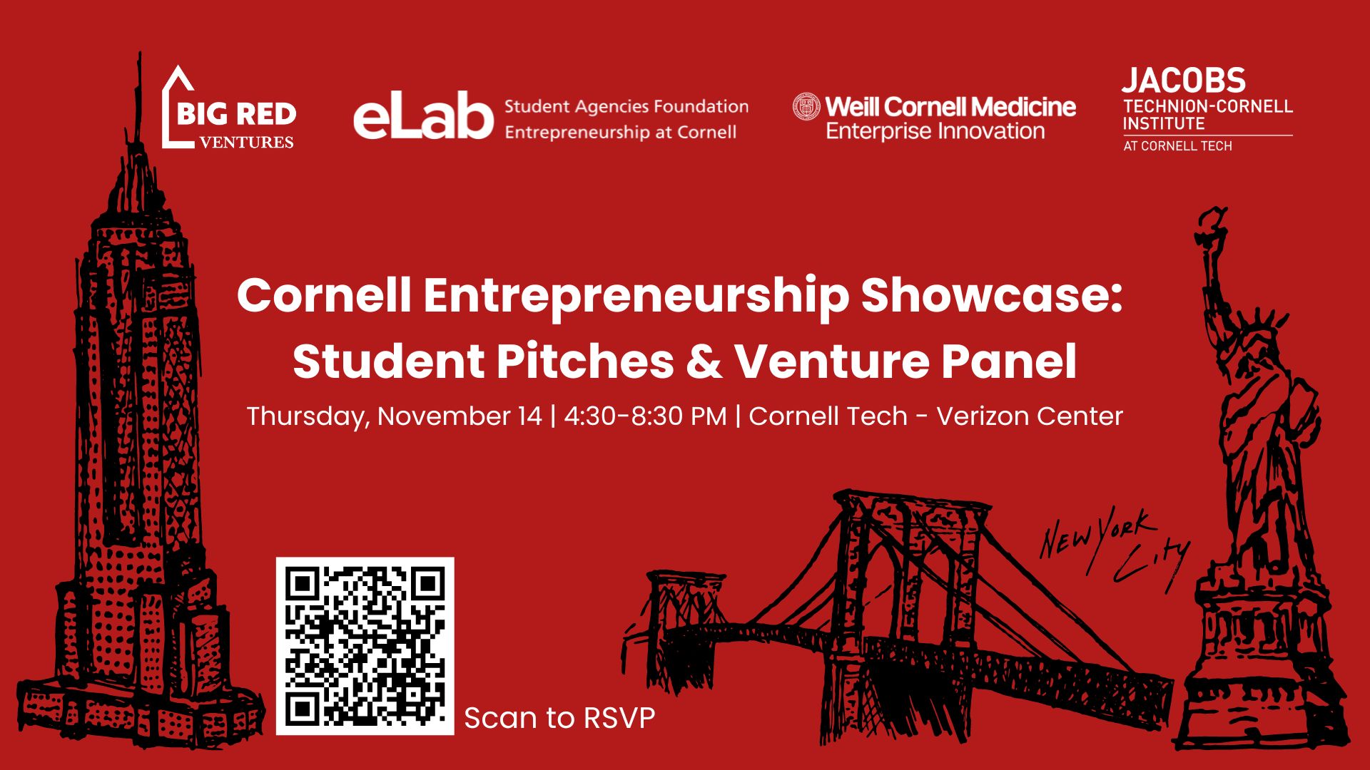 Drawings of the Empire State Building, Brooklyn Bridge, and Statue of Liberty on flyer for Cornell Entrepreneurship Showcase